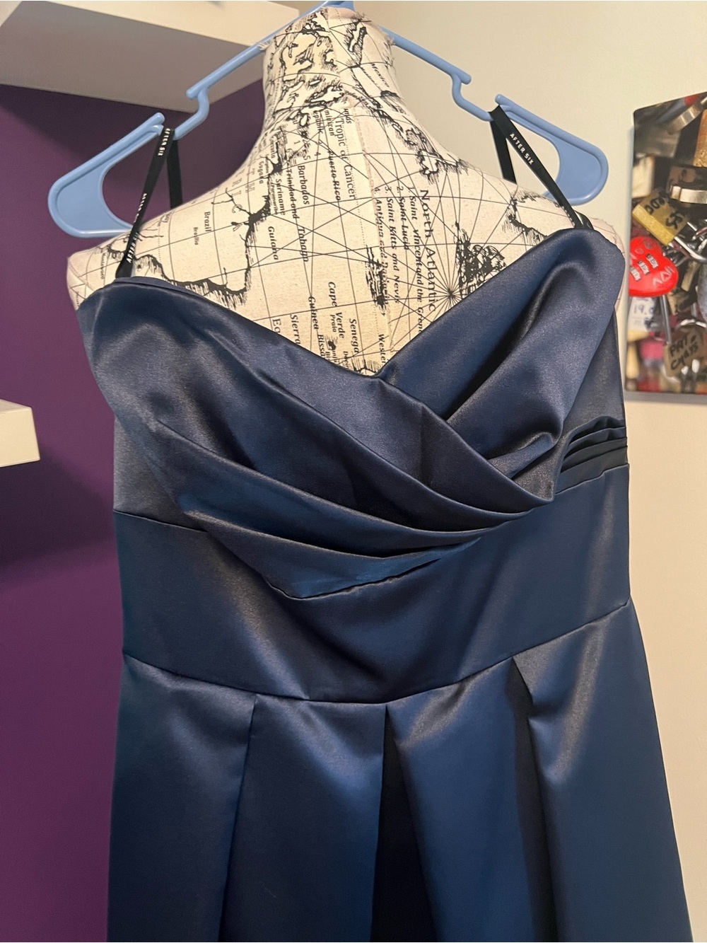 After Six Navy Satin Strapless Dress with Pleated Skirt - Picture 2 of 7
